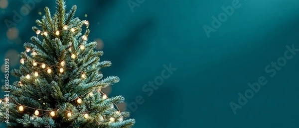 Obraz Elegant Christmas Tree with Twinkling Lights on Teal Background, Perfect for Holiday Greetings and Festive Celebrations with Copy Space