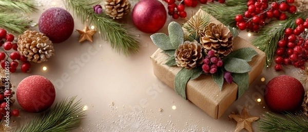 Fototapeta Rustic Christmas Gift with Pine Cones and Red Berries on Beige Background, Perfect for Holiday Greetings and Festive Winter Celebrations with Copy Space