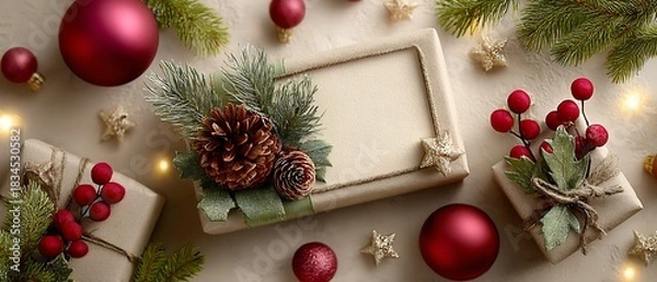 Fototapeta Festive Christmas Arrangement with Wrapped Gifts, Ornaments, and Pine Sprigs on Beige Background, Ideal for Holiday Greetings and Warm Winter Wishes
