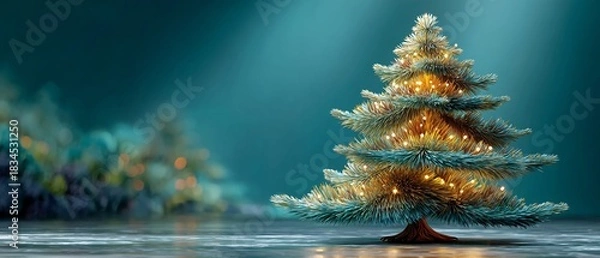 Fototapeta Elegant Christmas Greeting Card Design Showcasing a Lit Christmas Tree with Blurred Background and Soft, Atmospheric Lighting with Copy Space