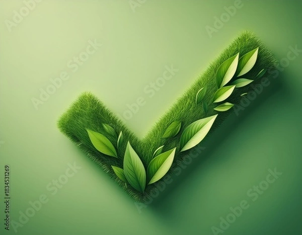 Fototapeta green grass checkmark symbol with lush leaves on light green background for eco friendly design and nature themed projects