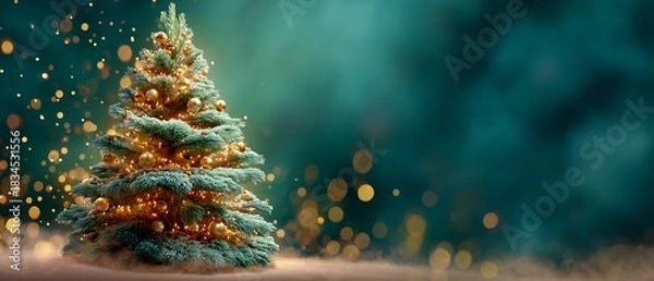 Obraz Enchanting Christmas Tree Scene with Glowing Lights and Bokeh Effects, Ideal for a Festive Holiday Greeting Card with Copy Space