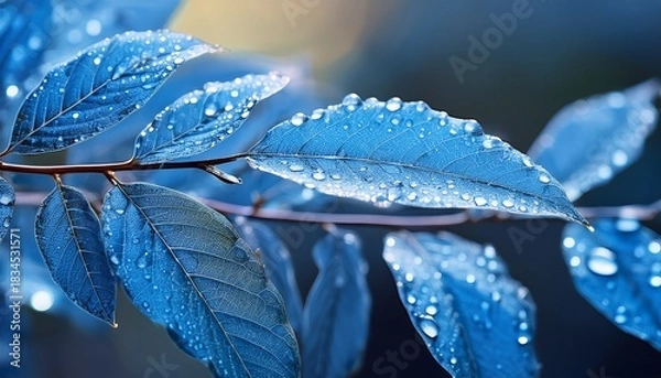 Fototapeta delicate blue leaves adorned with water droplets showcasing vibrant texture and freshness with a blurred background emphasizing exquisite details and a picturesque composition