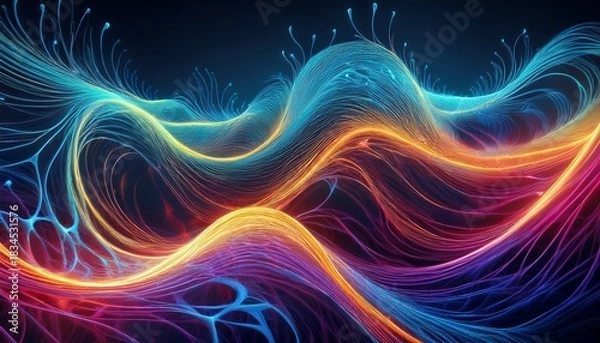 Fototapeta cascading waves of abstract neural impulses in vivid neon hues