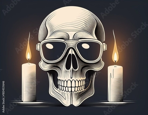Fototapeta minimalist continuous line art skull with goggles and burning candle symbolizing mortality and timeless contemplation