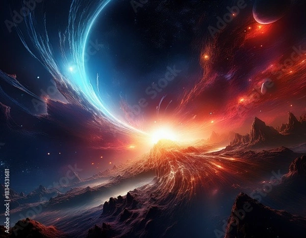 Fototapeta deep space scene featuring a distant glowing supernova explosion