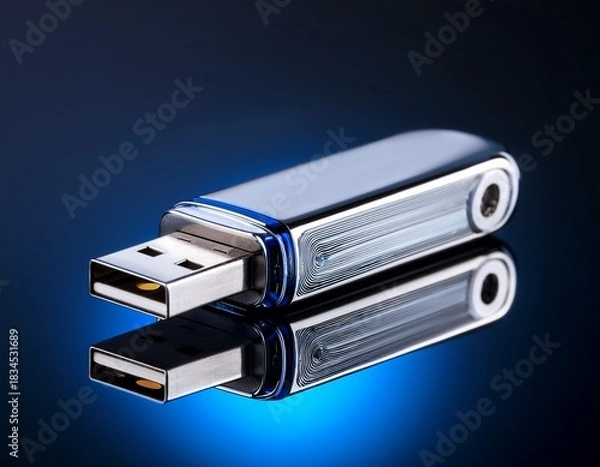 Fototapeta sleek metallic usb flash drive on reflective surface with blue light