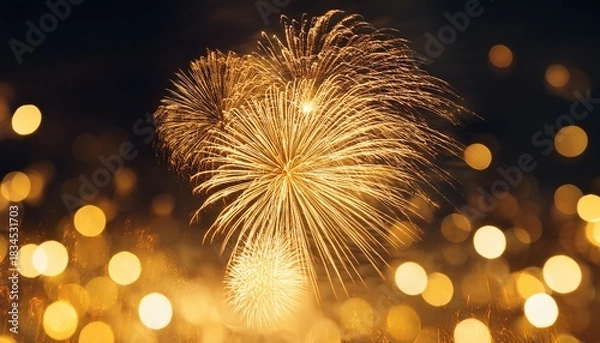 Fototapeta bright golden fireworks explode in the night sky with a bokeh of warm yellow lights in the foreground