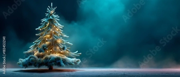 Obraz Serene Christmas Tree with Glowing Lights Against a Moody Blue Backdrop, Creating a Festive and Peaceful Holiday Scene with Copy Space