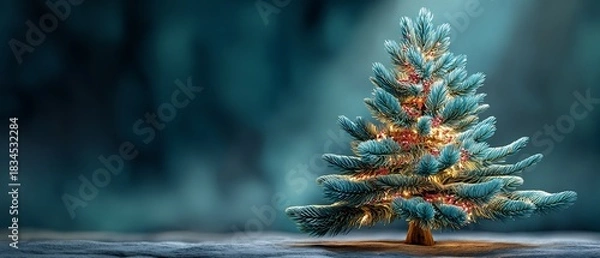 Fototapeta Festive Christmas Tree with Warm, Glowing Lights on a Dark Blue Background, Creating a Cozy and Inviting Holiday Ambiance with Copy Space