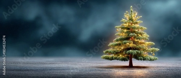 Obraz Luminous Christmas Tree Standing with Glowing Lights on a Dark Overcast Background, Evoking a Sense of Holiday Magic and Wonder with Ample Copy Space