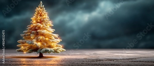 Fototapeta Golden Christmas Tree Standing Alone with Twinkling Lights on a Moody Dark Background, Creating a Festive and Elegant Holiday Atmosphere with Copy Space