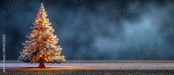 Obraz Festive Christmas Tree with Warm Lights Standing Tall on a Dark Background, Holiday Season Celebration with a Magical Glowing Effect and Copy Space