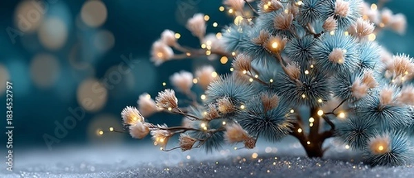 Fototapeta Close-up of a Soft and Atmospheric Winter Pine Tree Branch Decorated with Glowing Lights, Perfect for a Christmas Greeting Card with Bokeh Background