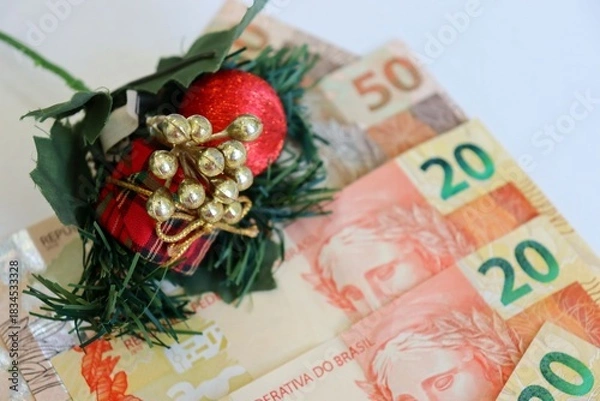 Obraz Brazilian real banknotes and smartphone with empty screen and Christmas ornaments. Place for text. Brazilian economy in December.