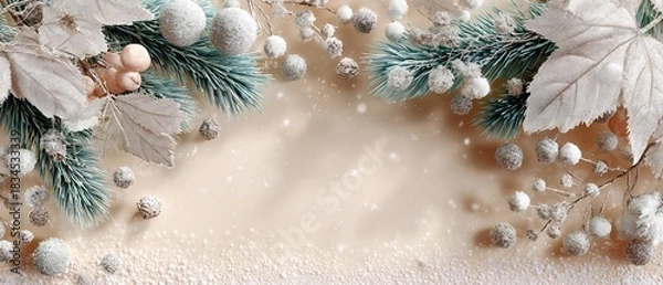 Fototapeta Cozy Christmas Greeting Card Design with Snowy Pine Branches, Silver Berries, Decorative Snowflakes, and Soft Sparkling Lights for Holiday Wishes