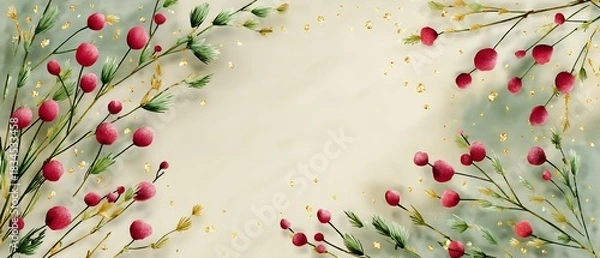 Obraz Beautiful Christmas Greeting Card Design with Red Berries, Greenery, Golden Glitter, and Minimalist Style for Festive Holiday Greetings