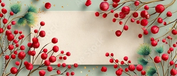 Fototapeta Elegant Christmas Card with Red Berries and Greenery on Light Background, Delicate Festive Design with Watercolor Style and Copy Space, Beautiful Holiday Season