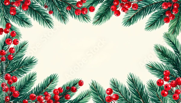 Fototapeta Christmas pine branches with red berries forming a full rectangular border