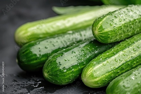 Obraz Fresh cucumbers on green background close-up