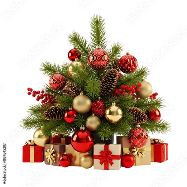 Obraz Beautiful Christmas Tree With Ornaments Gifts Pine Cones And Red Berries Decorations