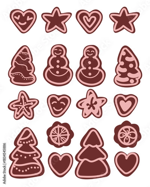Obraz Christmas gingerbread, chocolate cookies decorated with pink glaze .In the shape of a Christmas tree, a star, snowflakes, a snowman, a heart on a white background