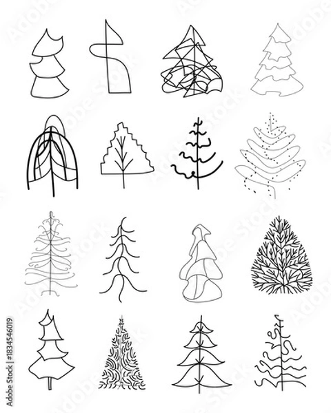 Obraz Collection of vector, linear trees on a white background. Hand drawn doodle Christmas trees, bushes, tree collection, black and white . Vector nature illustration.Botanical minimalism.