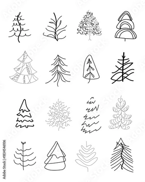Obraz Collection of vector, linear trees on a white background. Hand drawn doodle Christmas trees, bushes, tree collection, black and white . Vector nature illustration.Botanical minimalism.