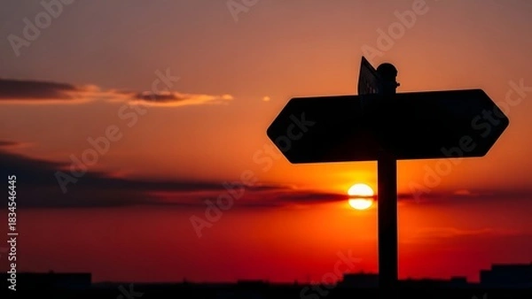 Fototapeta Silhouetted Blank Double-Sided Signpost Standing Against a Dramatic Red and Orange Sunset or Sunrise Sky, Symbolizing Choice and Direction