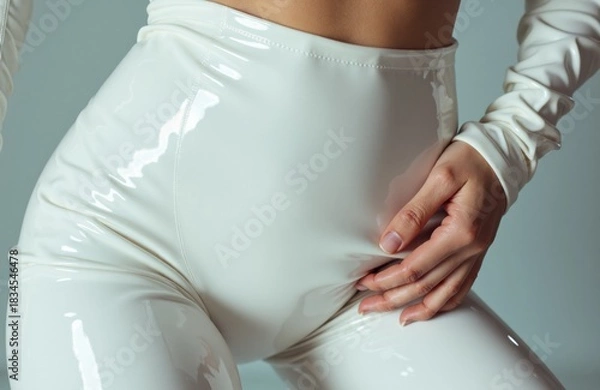 Fototapeta Woman wearing glossy white latex leggings poses confidently in a bright studio