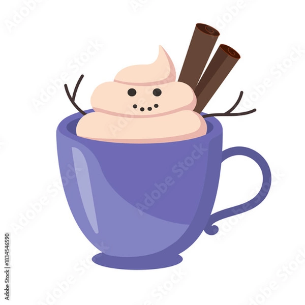 Obraz Blue cup with hot drink with a lush pink in the form of a smiling snowman. Decoration with two cinnamon sticks. Winter mood, winter drink. Vector illustration, clipart on a white background