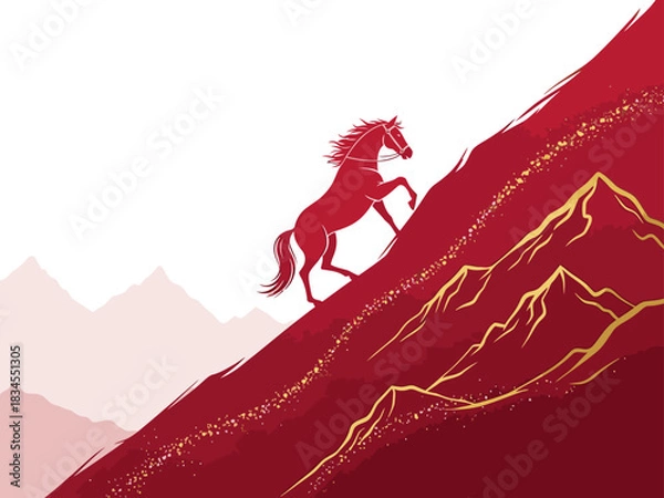 Fototapeta A majestic horse climbs a vibrant mountain, symbolizing wealth and ambition. Bold red and gold hues create a striking, motivational image for business and finance themes.