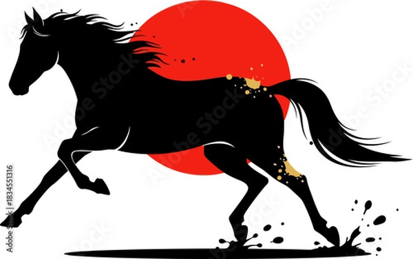 Fototapeta powerful black horse gallops across a vibrant red sun symbolizing victory The phrase 'Victory is Silent' is prominently displayed Dynamic striking imagery suitable for various commercial applications