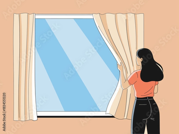 Fototapeta A woman opens curtains to greet a rising sun. A serene scene of a new day beginning. Soft light and a hopeful mood.