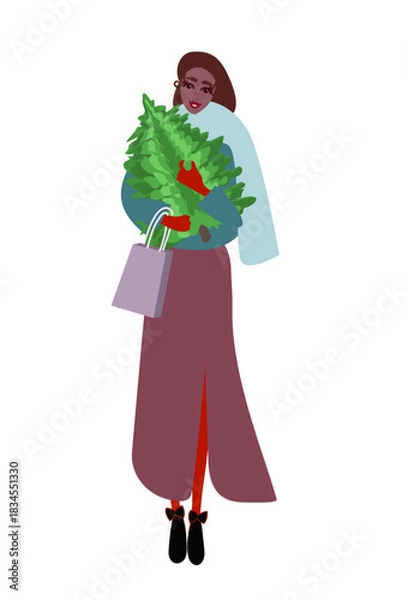Obraz Postcard African-American girl with darck hair  in a jacket, skirt and red gloves is holding a Christmas tree, a gift. Festive modern poster for the New Year holidays. Vector on a white background



