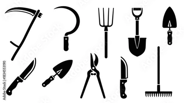 Fototapeta Set of black gardening tool silhouettes including a scythe, sickle, pitchfork, shovel, and rake for agricultural work, presented as a collection of minimalist graphic icons