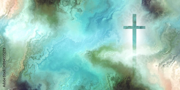 Obraz off-center cross and turquoise multi marbled surface effect with copy space