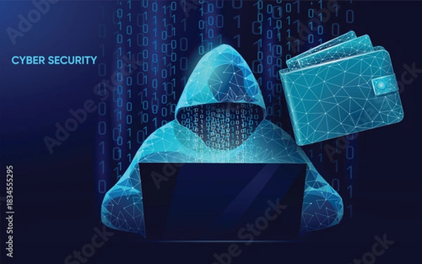 Fototapeta Cyber Security Hacker. Low Poly Silhouette and Crypto Wallet Vector