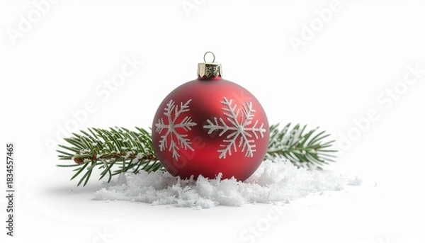 Fototapeta A red Christmas ornament with white snowflakes sits on snowy ground surrounded by pine branches against a white background.