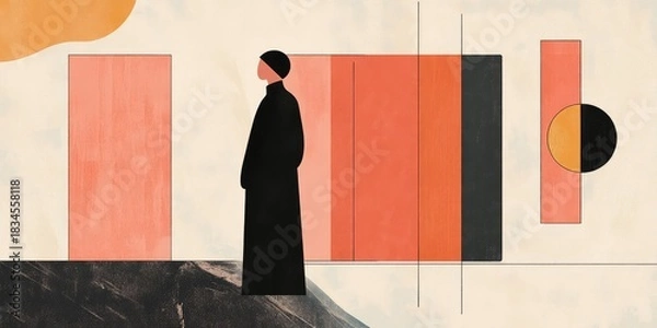 Fototapeta A woman is standing in front of a wall with a red stripe