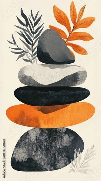 Fototapeta A painting of a stack of rocks with a leaf on top