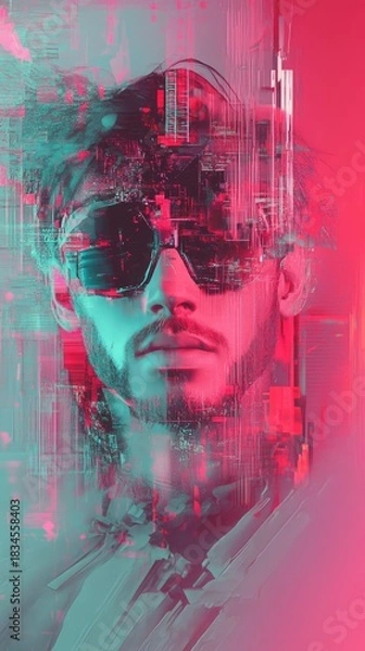 Fototapeta A man with a beard and sunglasses is shown in a pink and green background