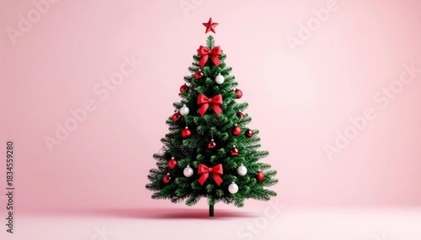 Fototapeta A decorated Christmas tree with red bows and ornaments stands on a pink background with a star on top, conveying a merry Christmas mood.