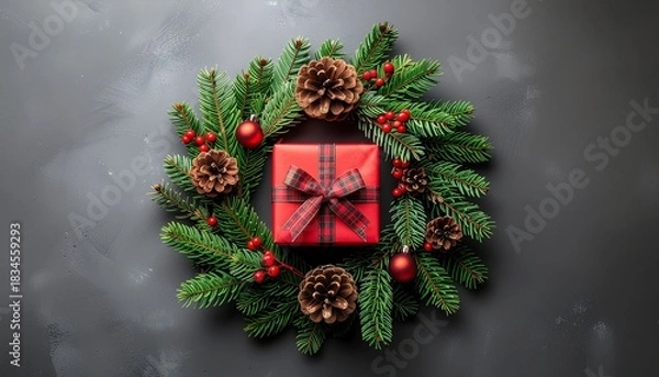 Fototapeta Overhead view of a festive Christmas wreath with a red gift box, pinecones, and berries on a dark background, conveying a merry Christmas mood with warm, earthy tones.