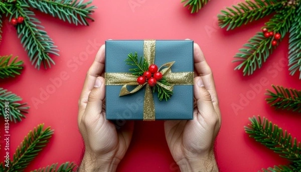 Fototapeta Top-down view of hands holding a wrapped gift with a green bow and red berries against a vibrant red background surrounded by pine branches for a merry Christmas celebration.