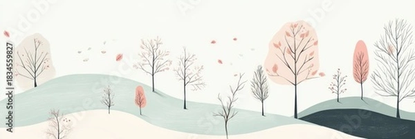 Fototapeta A drawing of a forest with trees and birds