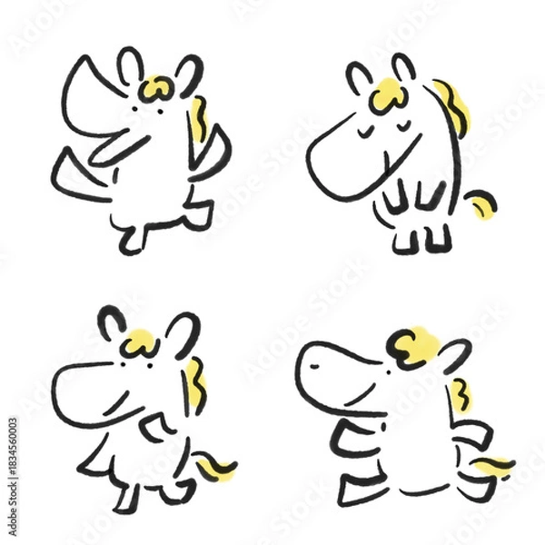 Obraz 墨絵のかわいい白馬の色々なポーズセット　万歳・お辞儀・考える・走る　正月素材