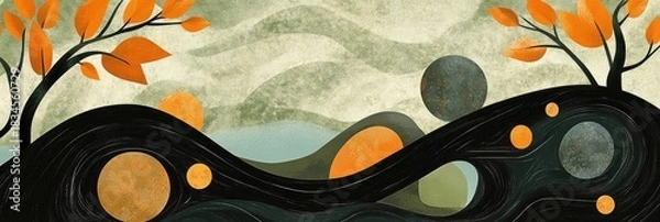 Fototapeta A painting of a forest with trees and a river