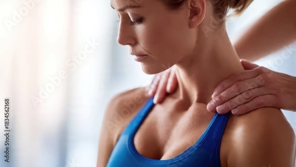 Obraz Physiotherapist performing neck and head adjustment on patient
