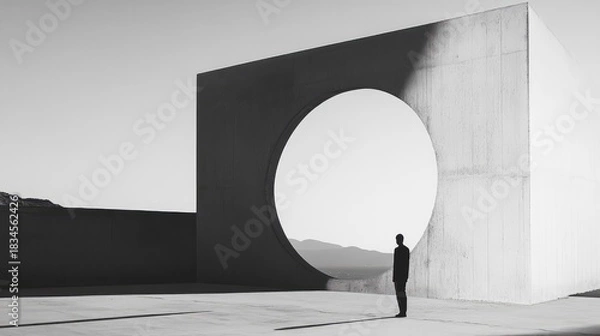 Fototapeta A man stands in front of a large concrete structure